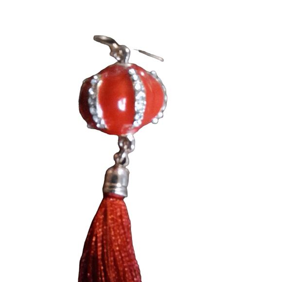 Red Lg Bead w/Rhinestones & Tassel Dangle Earrings - Picture 3 of 4